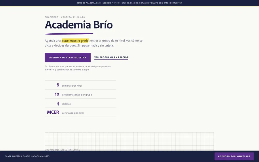 Captura de la demo de Academia Brío: Horarios y clase muestra