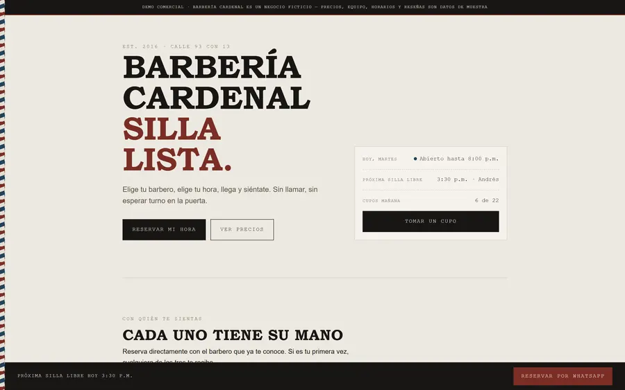 Captura de la demo de Barbería Cardenal: Reserva por barbero