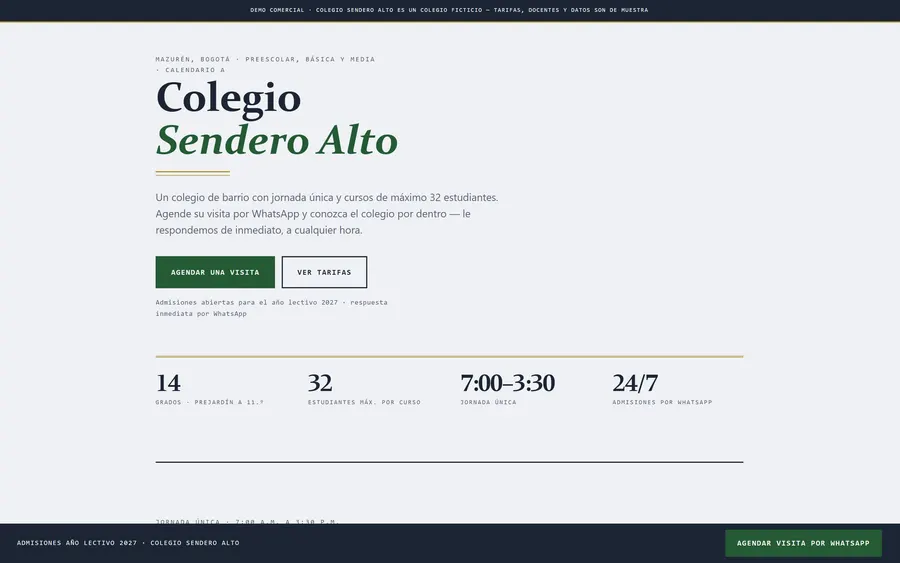 Captura de la demo de Colegio Sendero Alto: Admisiones y tarifas