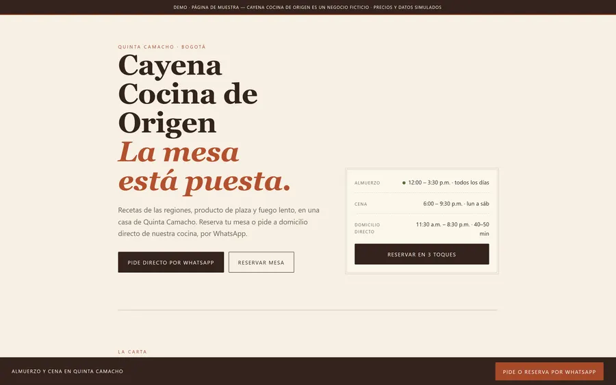 Captura de la demo de Cayena Cocina de Origen: Reserva y domicilios