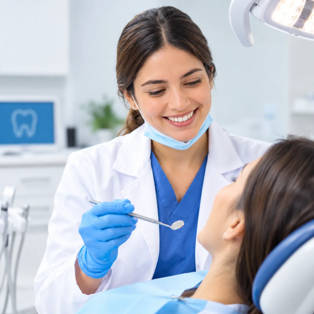 Una odontóloga sonríe mientras revisa con un espejo dental a una paciente recostada en el sillón.